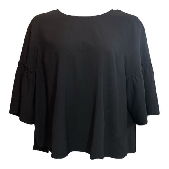 Lane Bryant Solid Black Bell-Sleeve Blouse Plus Size 18/20 Zipper Back Side-Slit - Picture 1 of 12